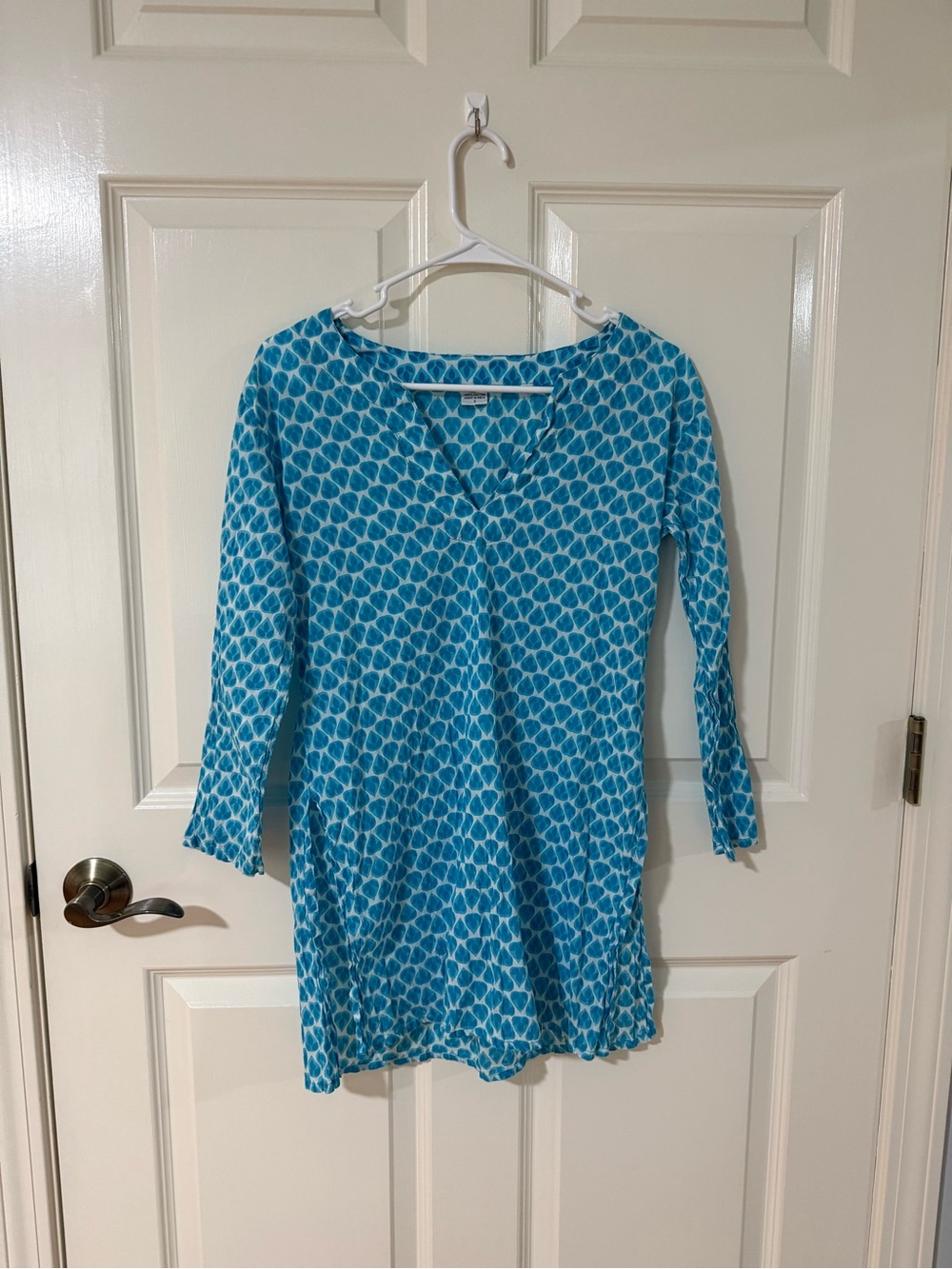Women’s Blue Block Print Patterned Long Sleeve V-Neck Tunic / beach coverup